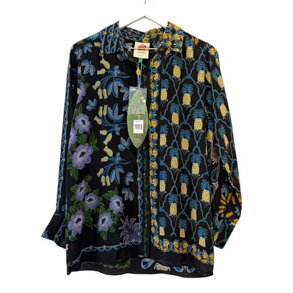 NWT Farm Rio Winter Garden Black Pajama Shirt Button Front Top Floral Size S - Picture 3 of 12